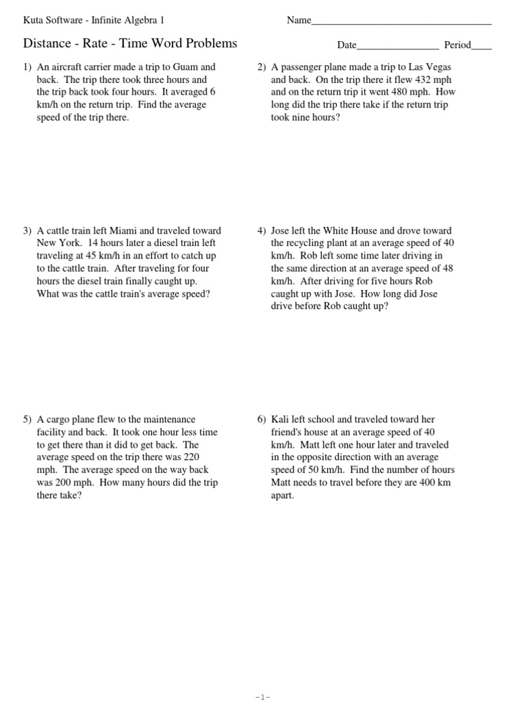 Distance Rate Time Word Problems PDF Speed Train