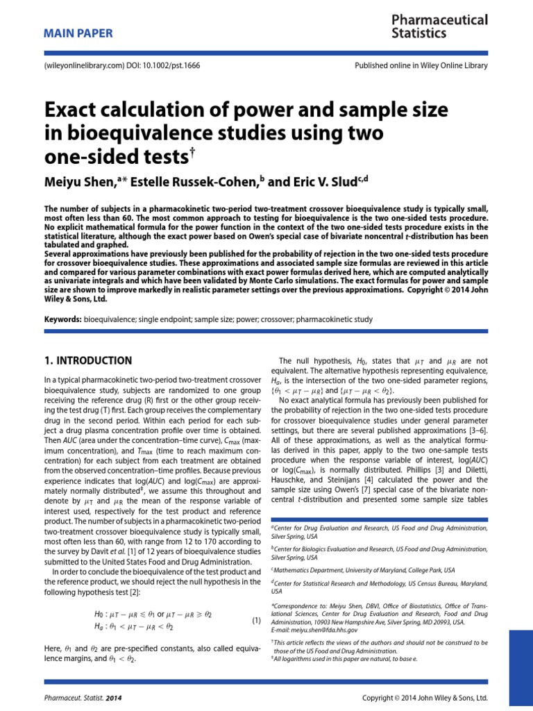 Exact Calculation of Power and Sample Size in Bioequivalence Studies ...