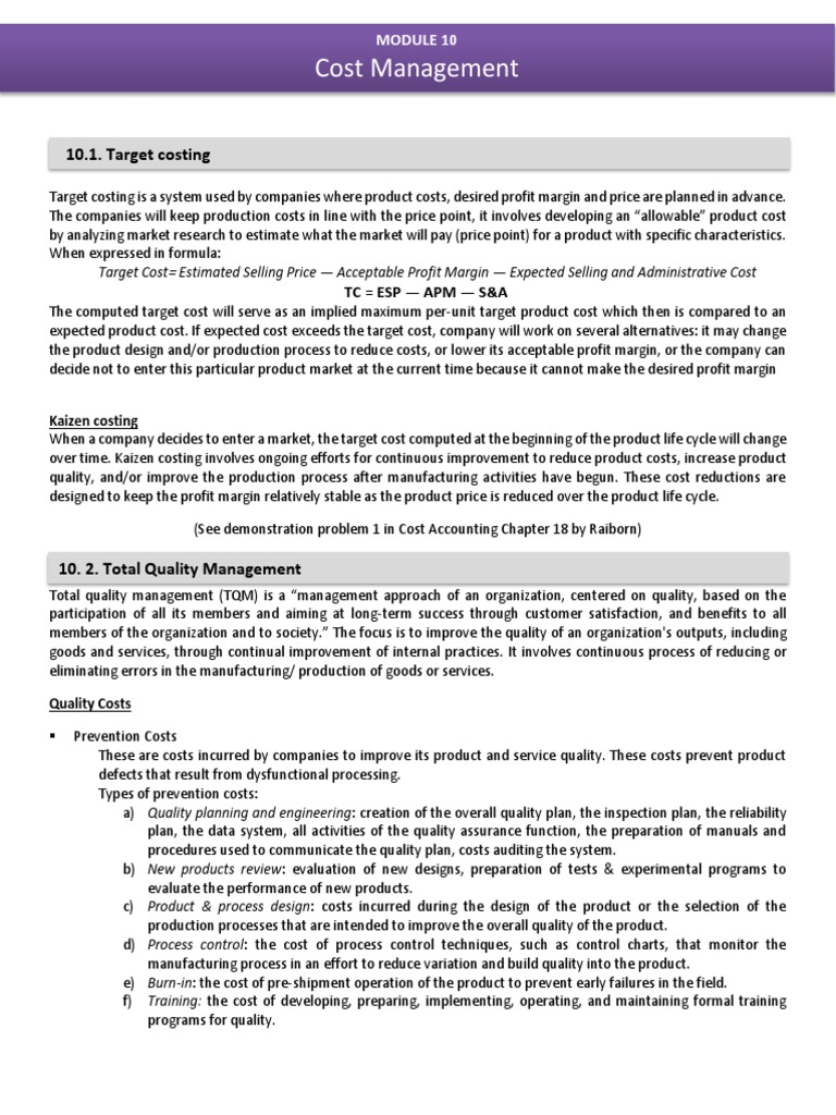 Cost Management: 10.1. Target Costing | PDF | Cost | Product Lifecycle