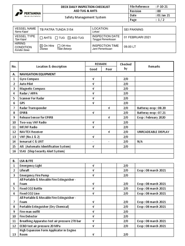 Daily Inspection Checklist for AHTS Tug | PDF | Equipment | Water Transport