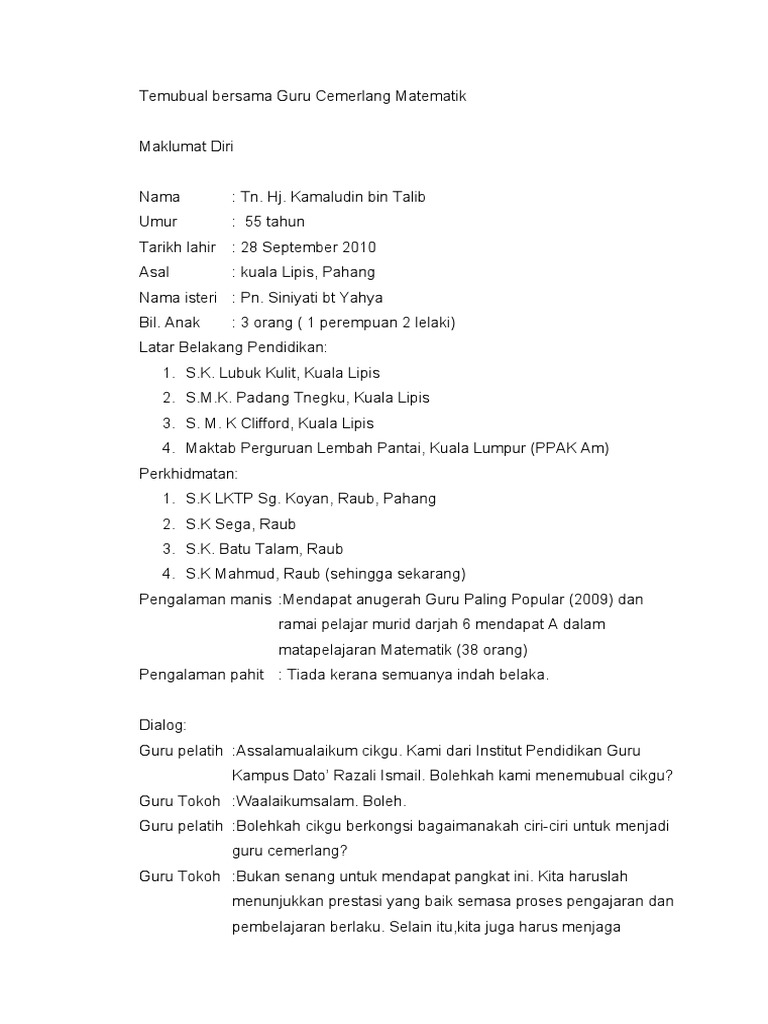 Temubual Bersama Guru Cemerlang Matematik Pdf