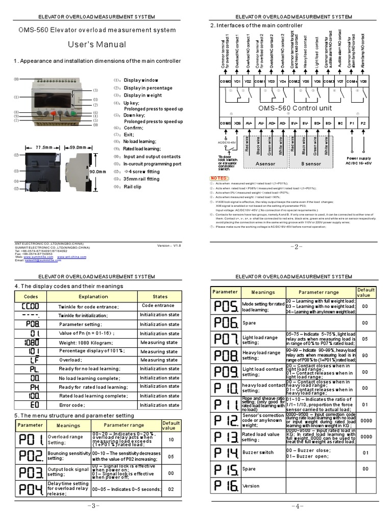 OMS-560 Elevator Overload System Manual | PDF | Relay | Parameter ...