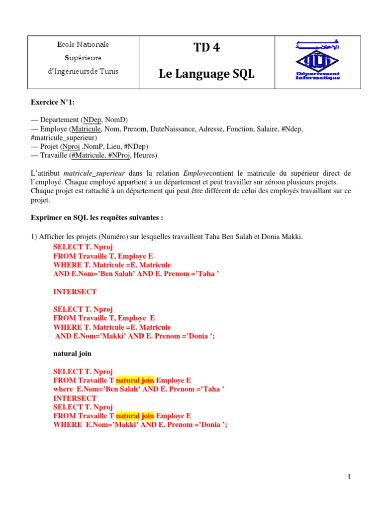 Requêtes SQL pour employés et projets | PDF | Gestion informatique ...