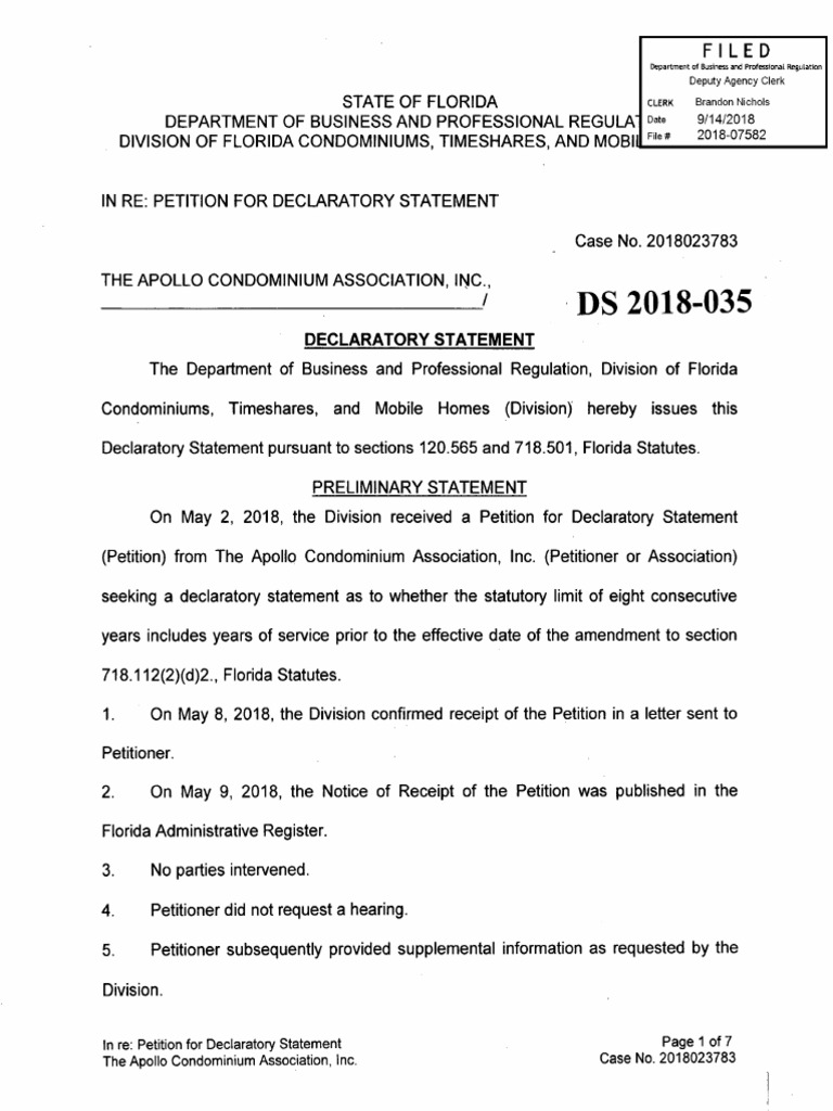 DBPR Declaratory Statement To The Apollo Condominium Association - 2018 ...