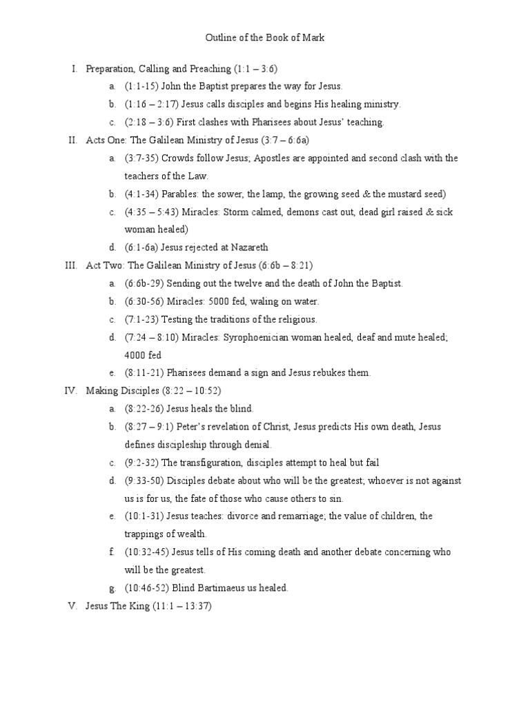 General Outline of the Book of Mark Ministry Of Jesus Canonical Gospels