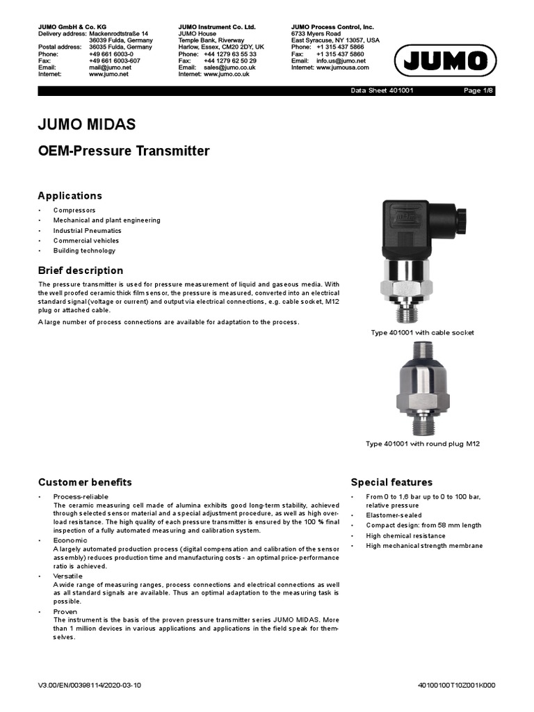 t40.1001 JUMO MIDAS OEM Pressure Transmitter PDF Electrical