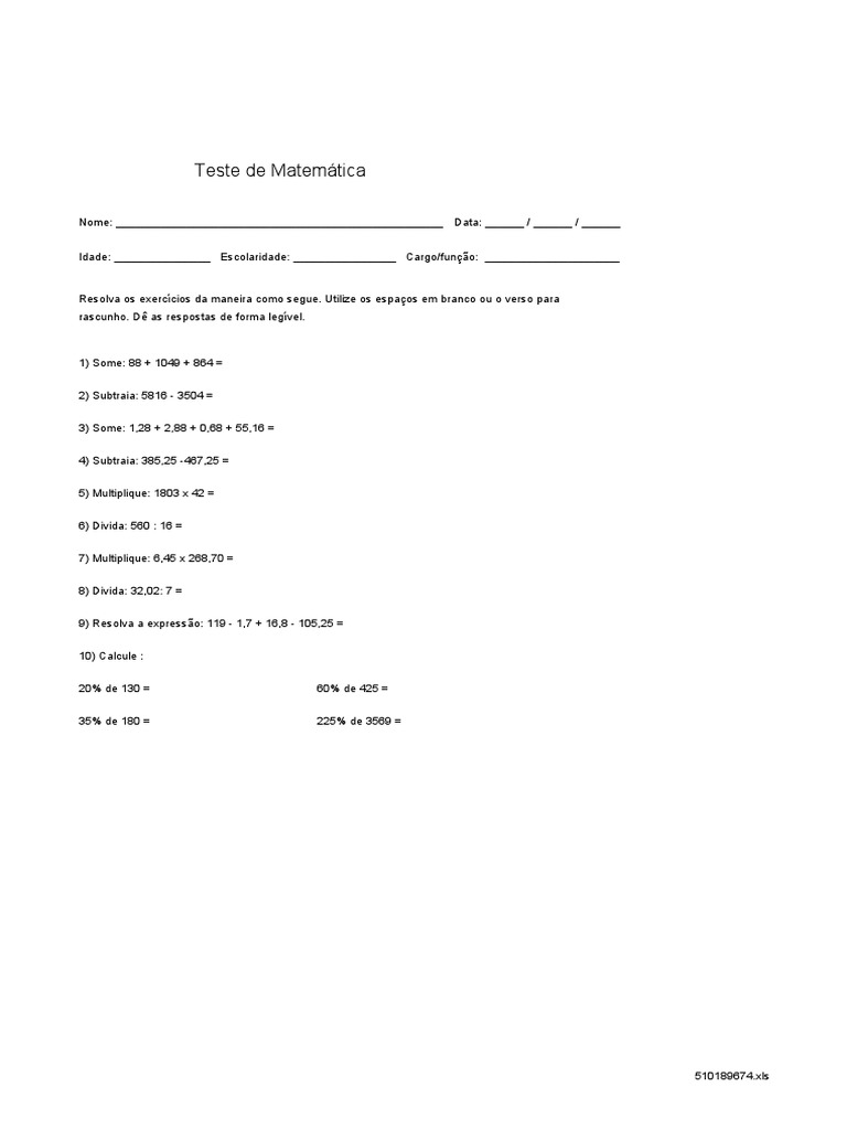 Teste de Matemática com Respostas | PDF