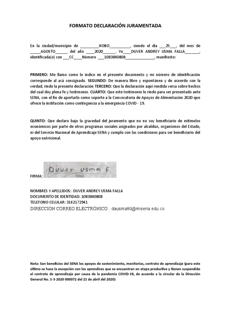 Formato Declaración Bajo La Gravedad de Juramento Duver PDF