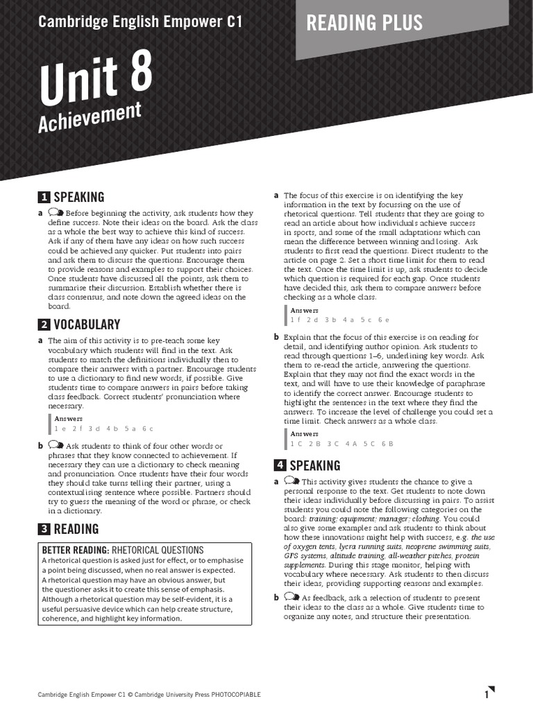 Cambridge English Empower Empower C1 Reading Plus Teacher U08 Worksheet ...