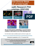 UCL GOS ICH Child Health Research PHD Studentships 2021-22