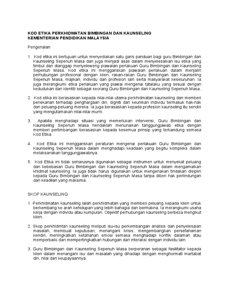 Etika Perkhidmatan Bimbingan Dan Kaunseling Kpm Pdf