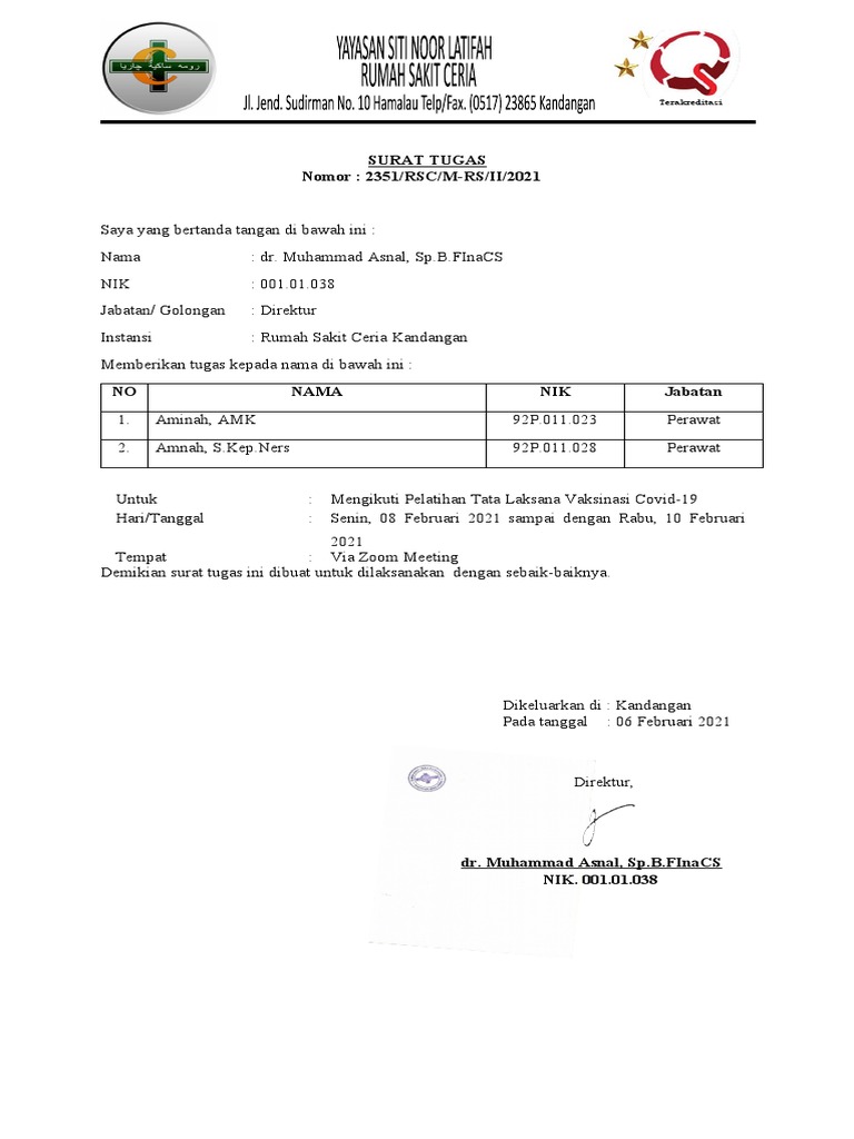 Surat Tugas Pelatihan Vaksin