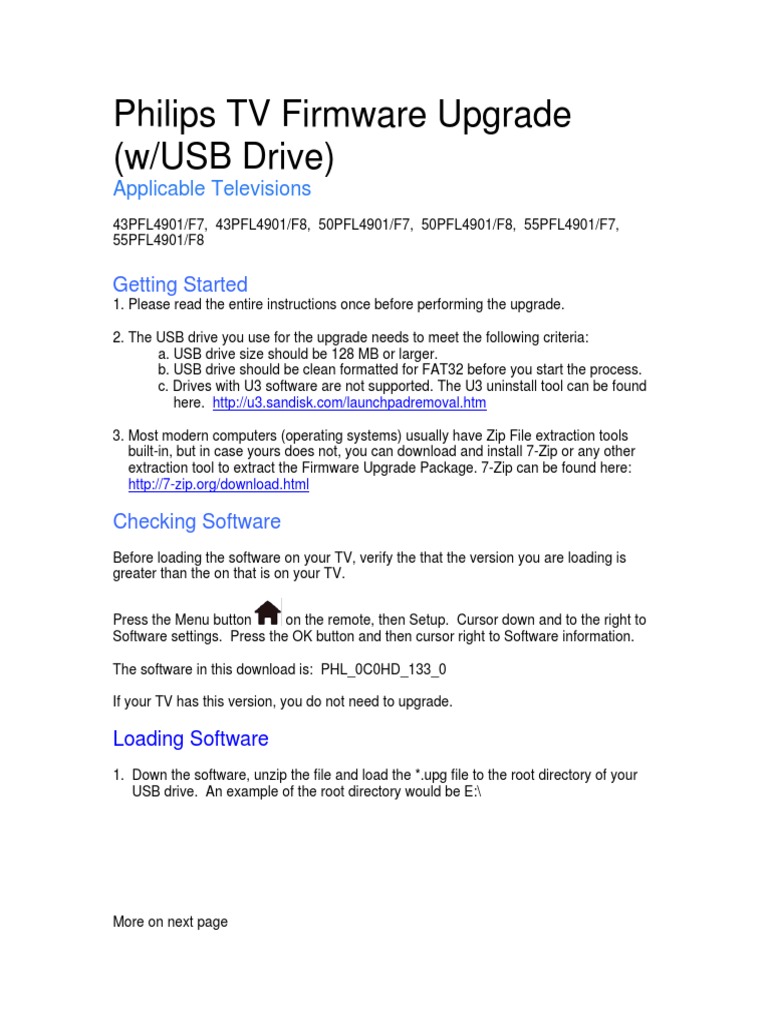 Philips TV Firmware Upgrade (w/USB Drive) Applicable Televisions