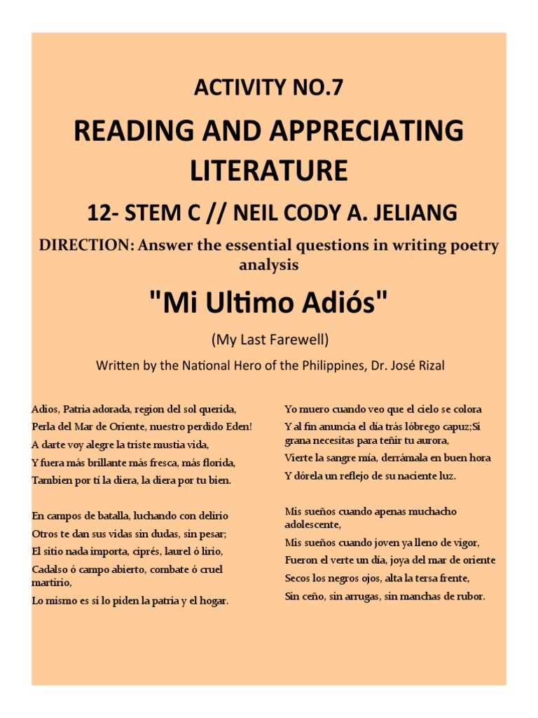 Mi Ultimo Adiós Neil Cody Jeliang Activity 7 Pdf Literatura En