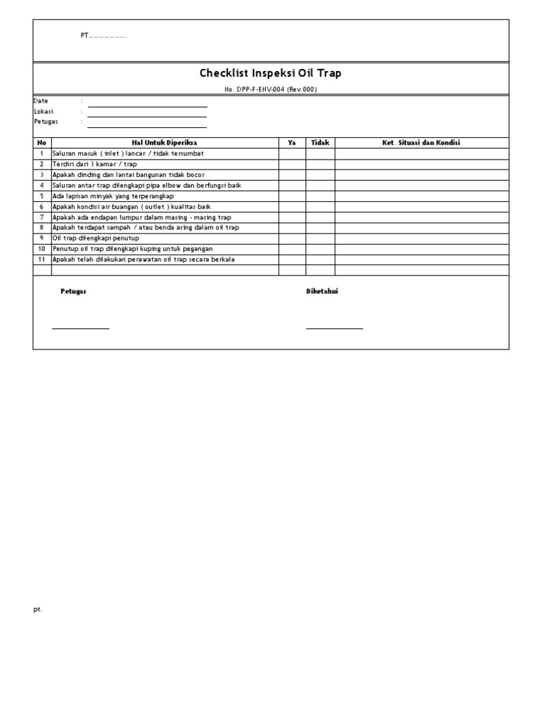 Checklist Inspeksi Oil Trap | PDF