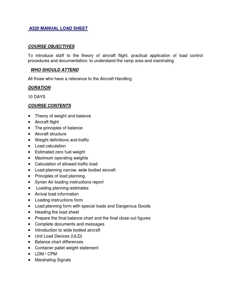 A320 Loadsheet Training Overview | PDF