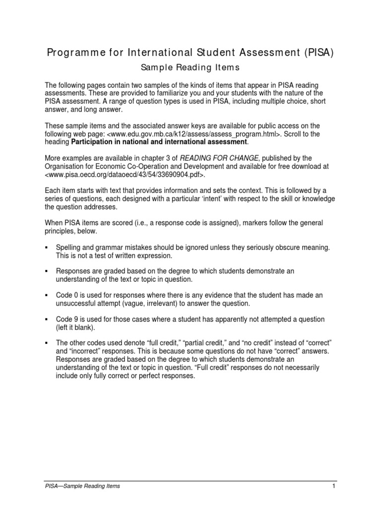 Programme For International Student Assessment (PISA) : Sample Reading ...