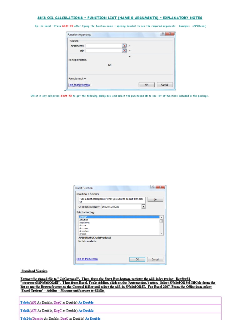 SN'S Oil Calculations - Function List (Name & Arguments) - Explanatory ...