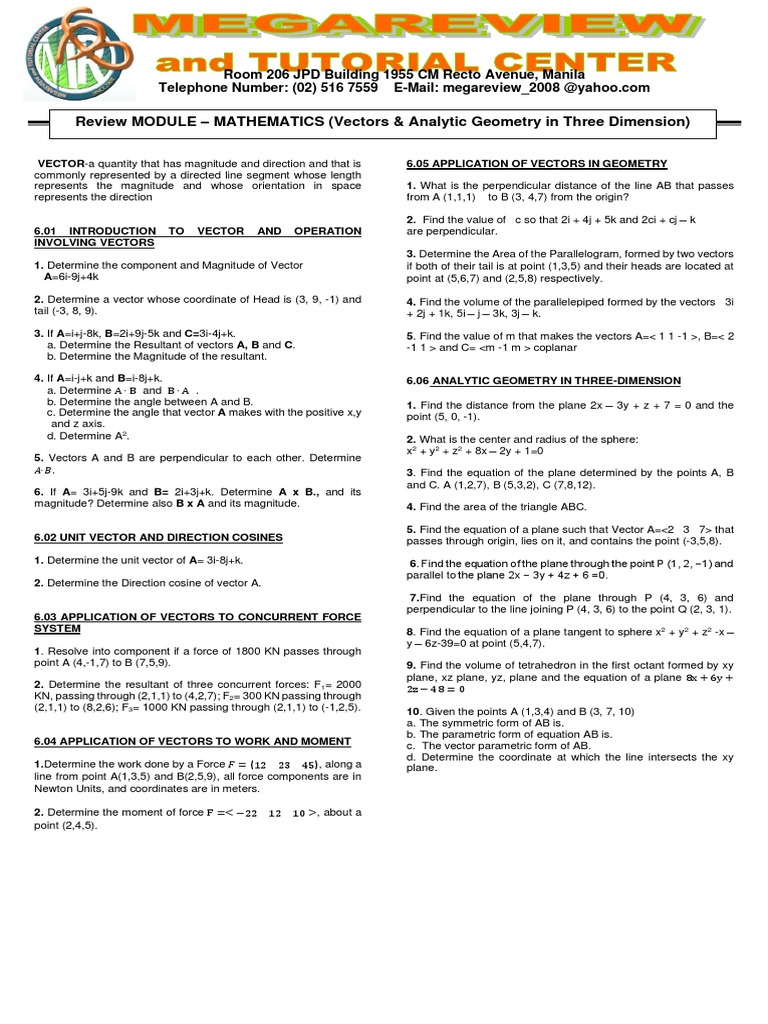 Review MODULE - MATHEMATICS (Vectors & Analytic Geometry in Three ...