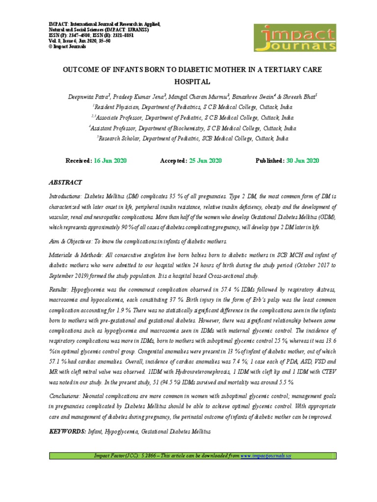 Ijranss-Outcome of Infants Born To Diabetic Mother in A Tertiary Care ...