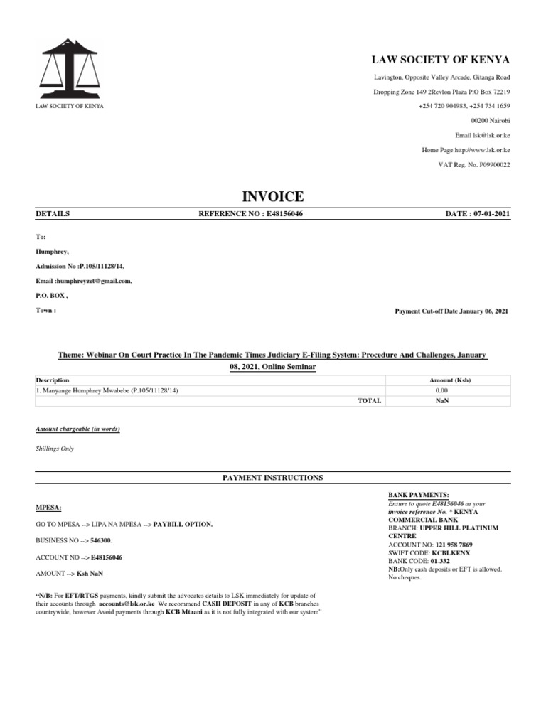Law Society of Kenya Invoice Details | PDF | Payments | Money