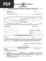 Dibrugarh University Dibrugarh: Application Form For Original / Provisional Certificate