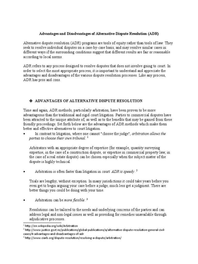 Advantages and Disadvantages of ADR PDF Alternative Dispute