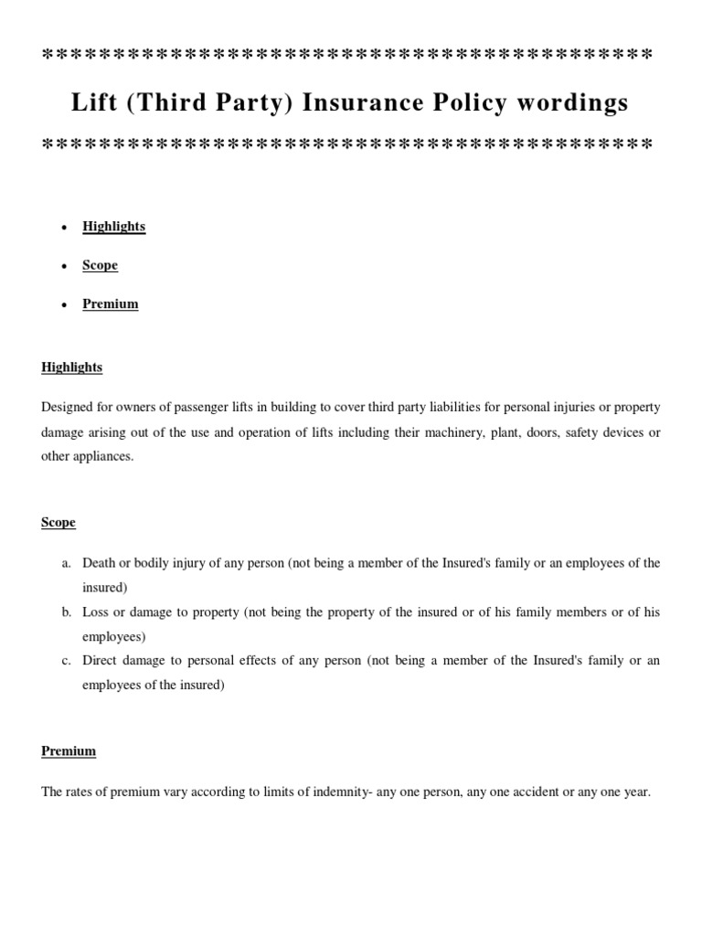 Passenger Lift Third Party Insurance Policy | PDF