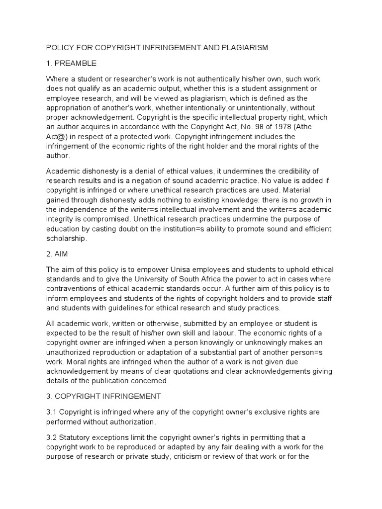 Copyright Infringement and Plagiarism Policy | PDF | Plagiarism ...