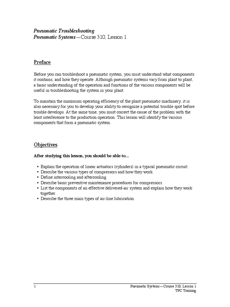 Pneumatic Troubleshooting Pneumatic SystemsCourse 310, Lesson 1 PDF