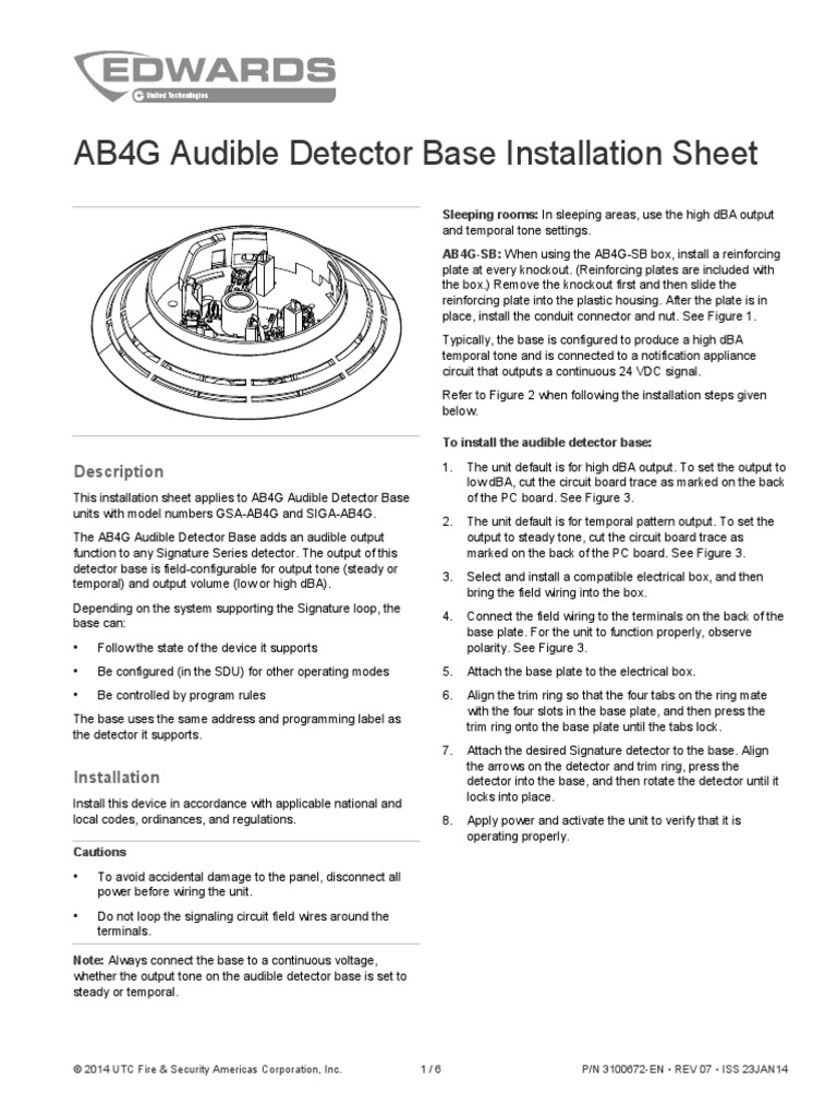 SIGA AB4G Audible Detector Base Installation Sheet PDF Detector (Radio) Printed Circuit Board