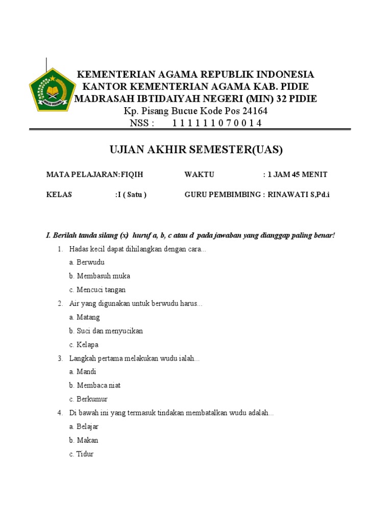 45 Soal Fiqih Kelas 6 Semester 1 2025 dan Jawaban Ujian