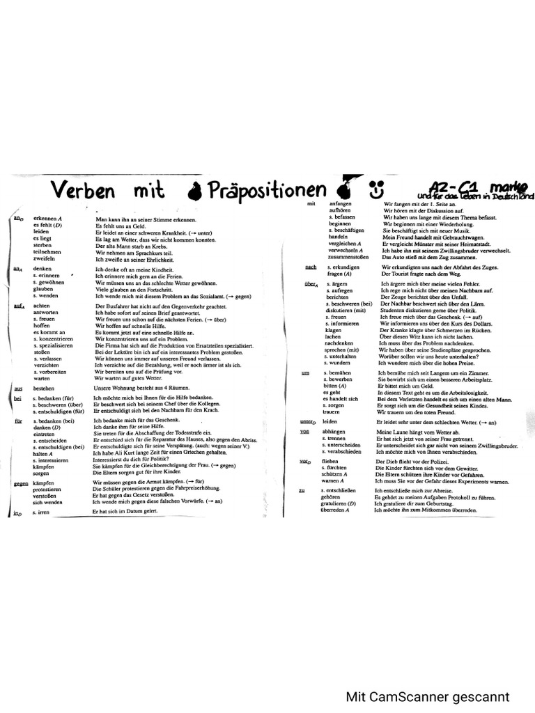 Verben mit Präposition Liste A2 B1 PDF