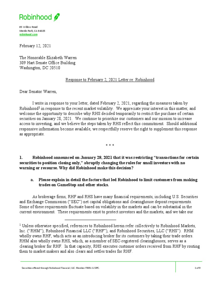 Robinhood Response To Feb 2 Letter | PDF | Financial Industry Regulatory  Authority | Securities (Finance)