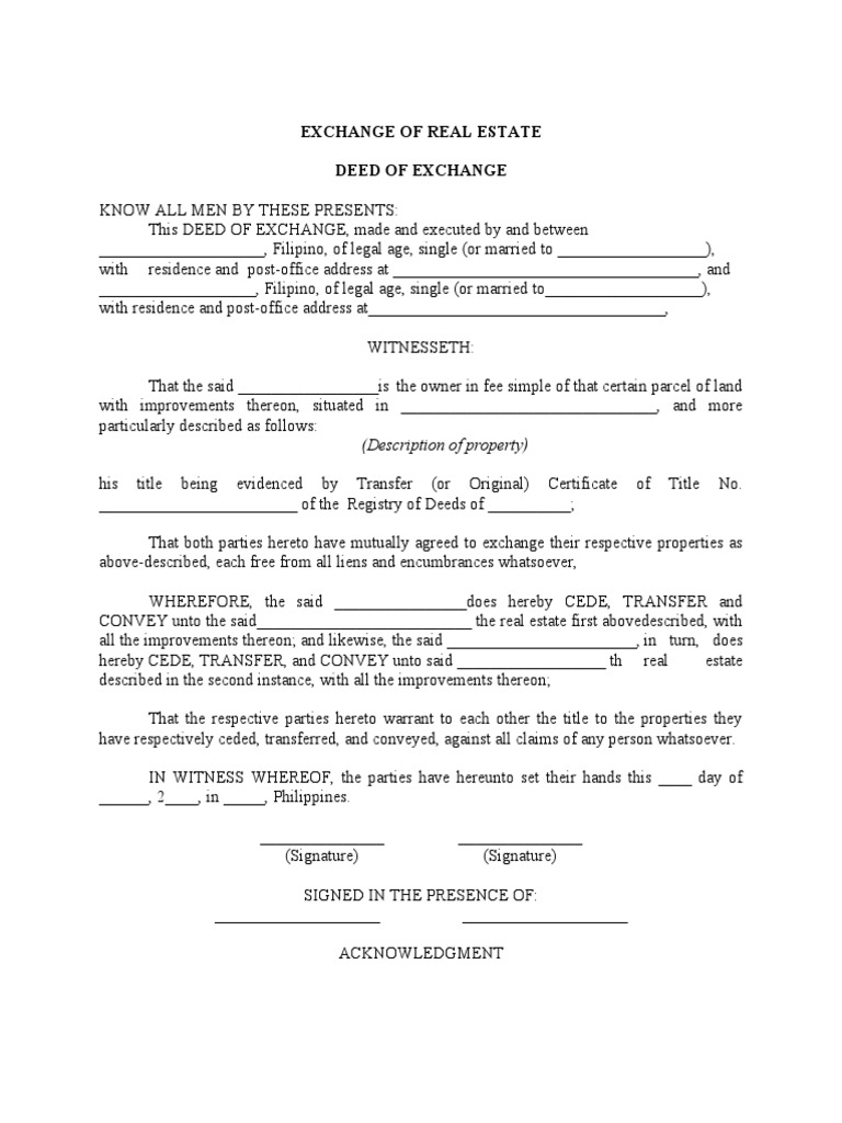 Exchange of Real Estate (Deed of Exchange) PDF