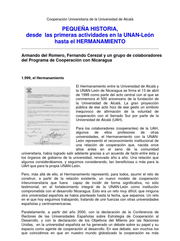Historia Del Hermanamiento PDF Nicaragua Universidad