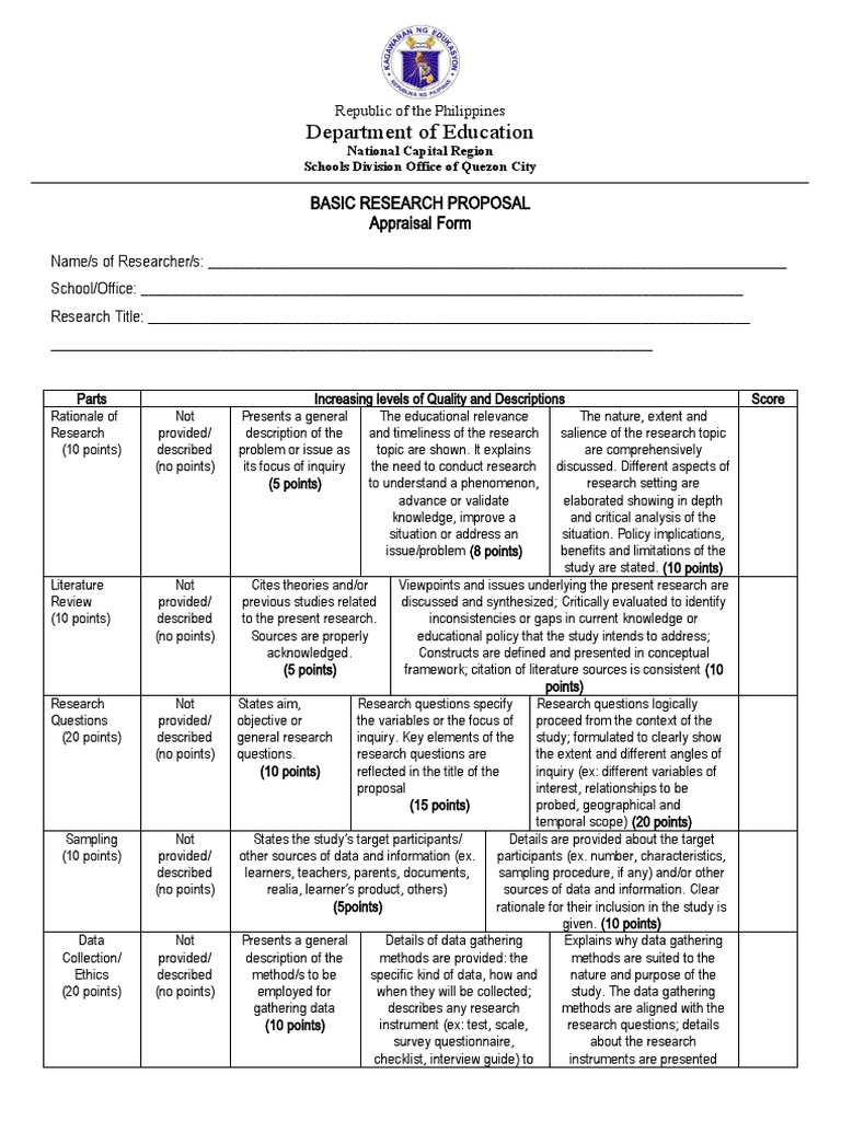 Basic Research Proposal Appraisal Form | PDF | Data | Methodology