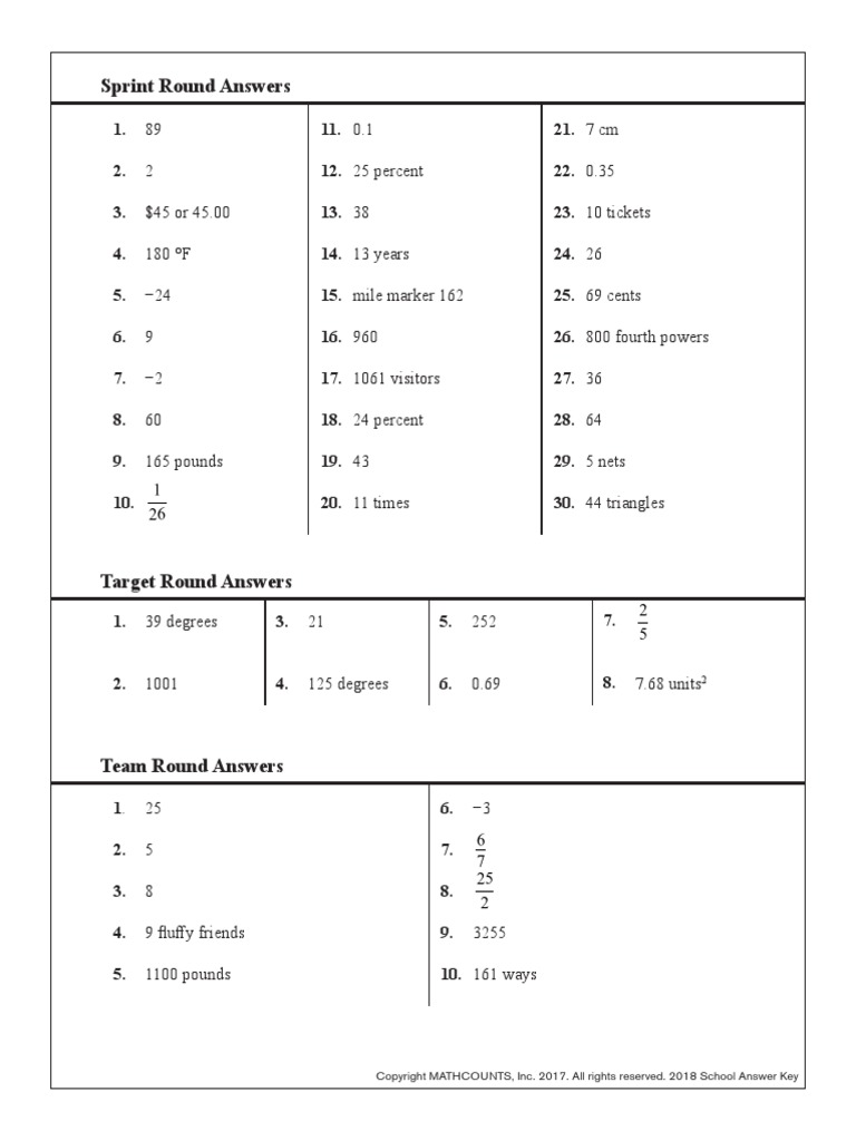 2018 School Competition Answer Key PDF
