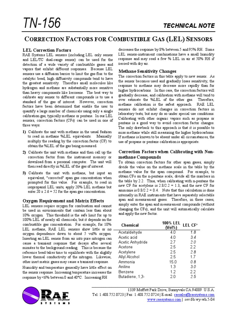 tn156 Lel Sensor Correction Factors PDF Methane Acetic Acid