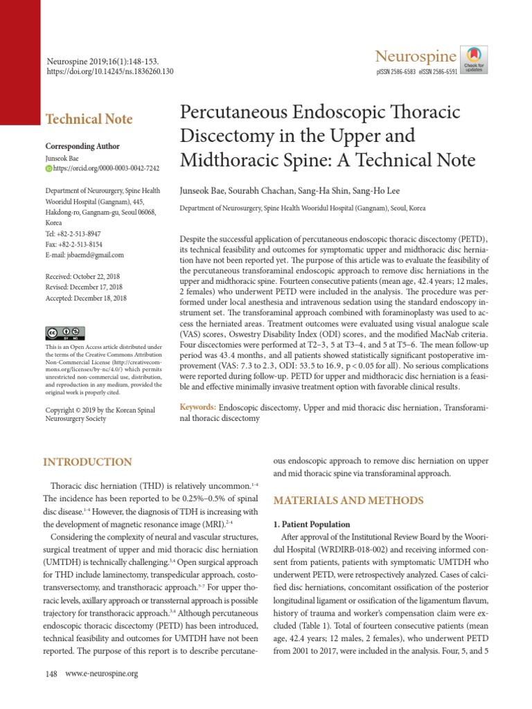 Percutaneous Endoscopic Thoracic Discectomy in The Upper and