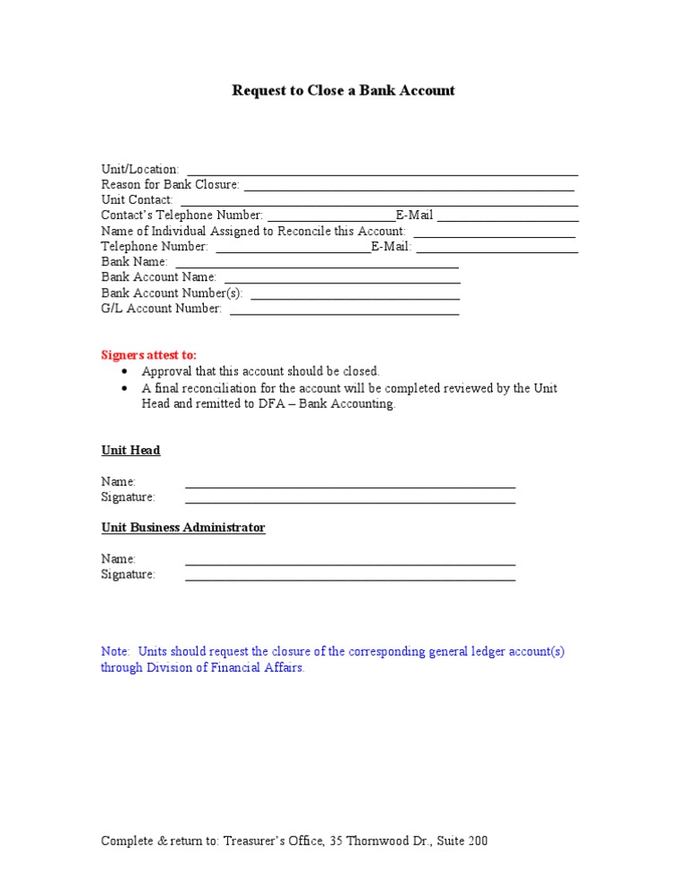 Bank Account Closure Request Form | PDF