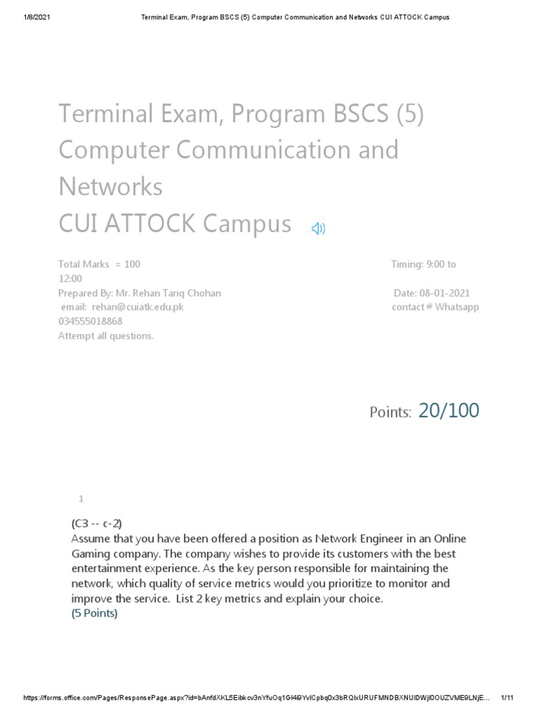 Terminal Exam, Program BSCS (5) Computer Communication and Networks CUI ...
