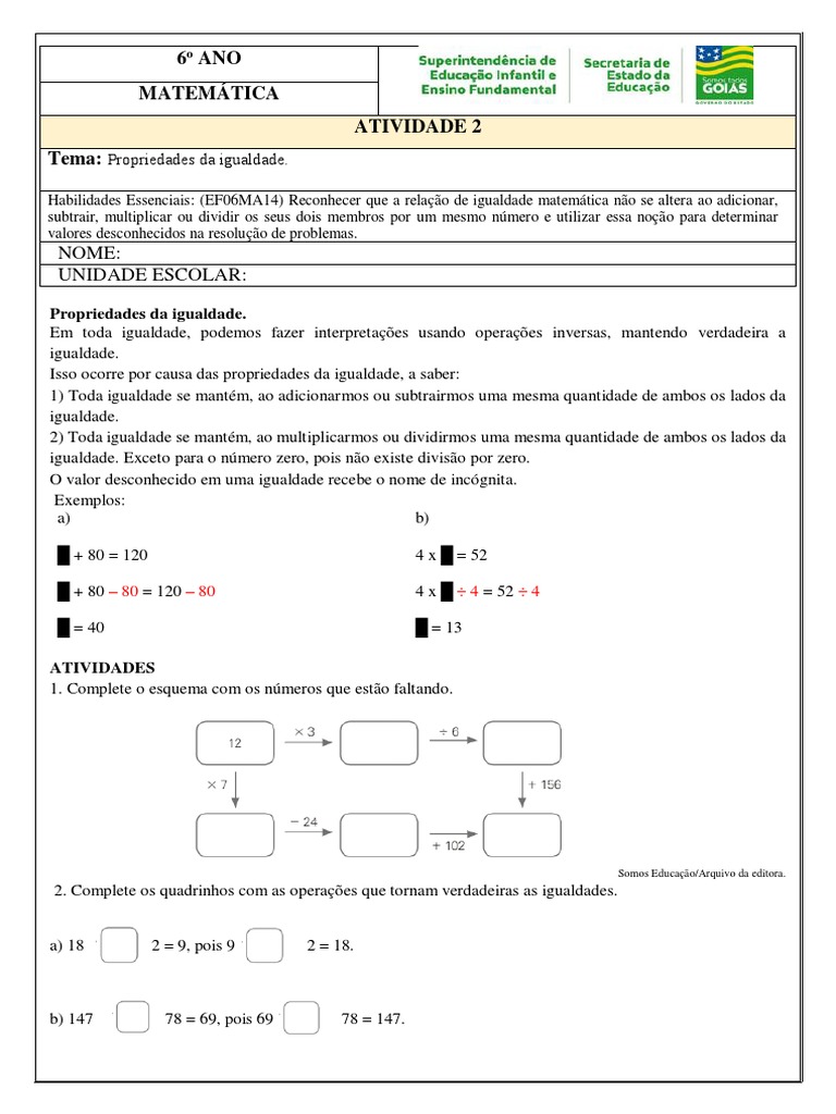 6º MAT Atividade 2 - PROPRIEDADES DA IGUALDADE | PDF | Ensino de ...