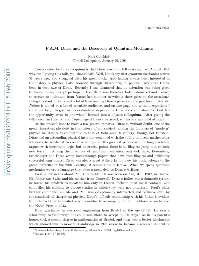Dirac and The Principles of Quantum Mechanics - K.gottfried | PDF ...