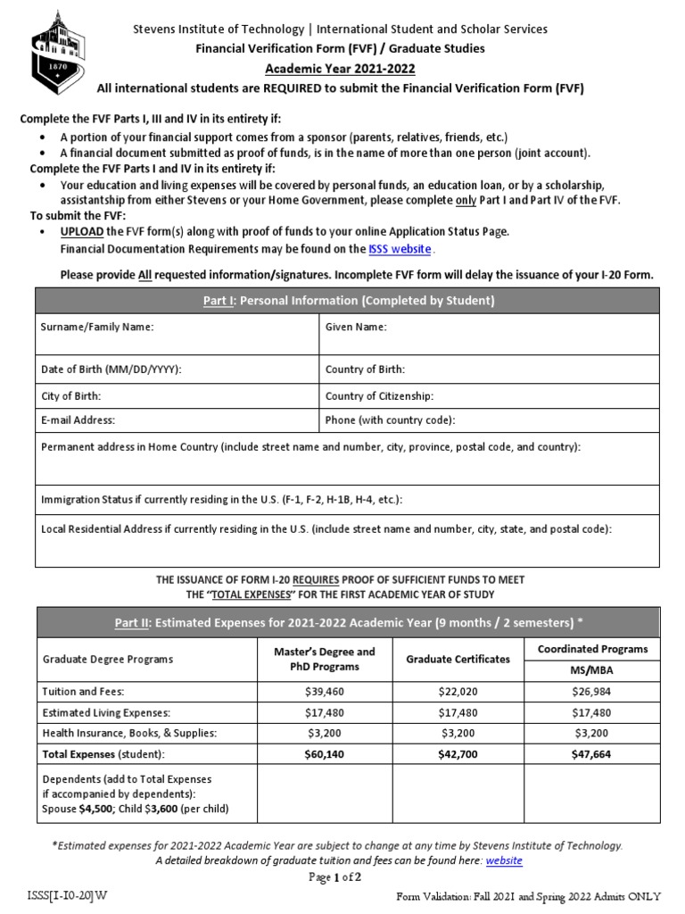 Stevens Financial Verification Form 2021-2022 | PDF | Business