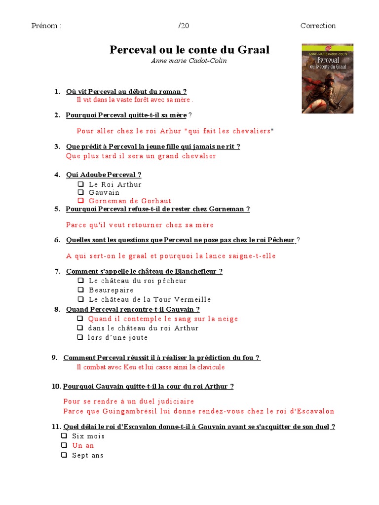 Questionnaire Perceval Ou Le Conte Du Graal 5ème