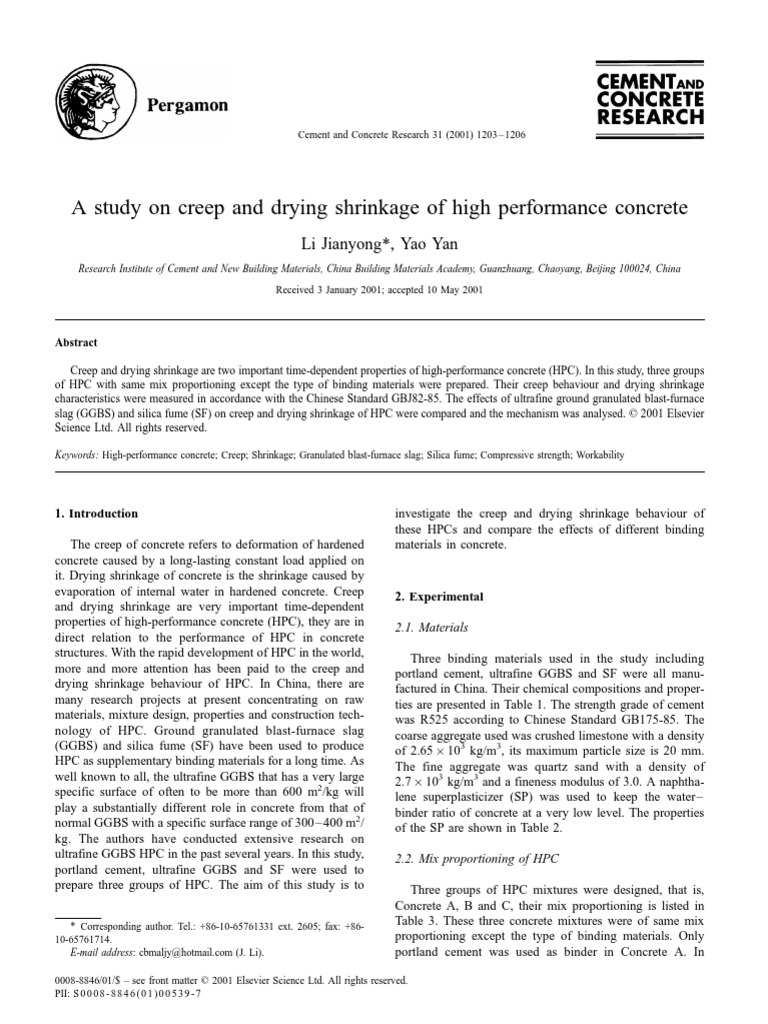 Creep and Shrinkage in High-Performance Concrete | PDF | Creep ...
