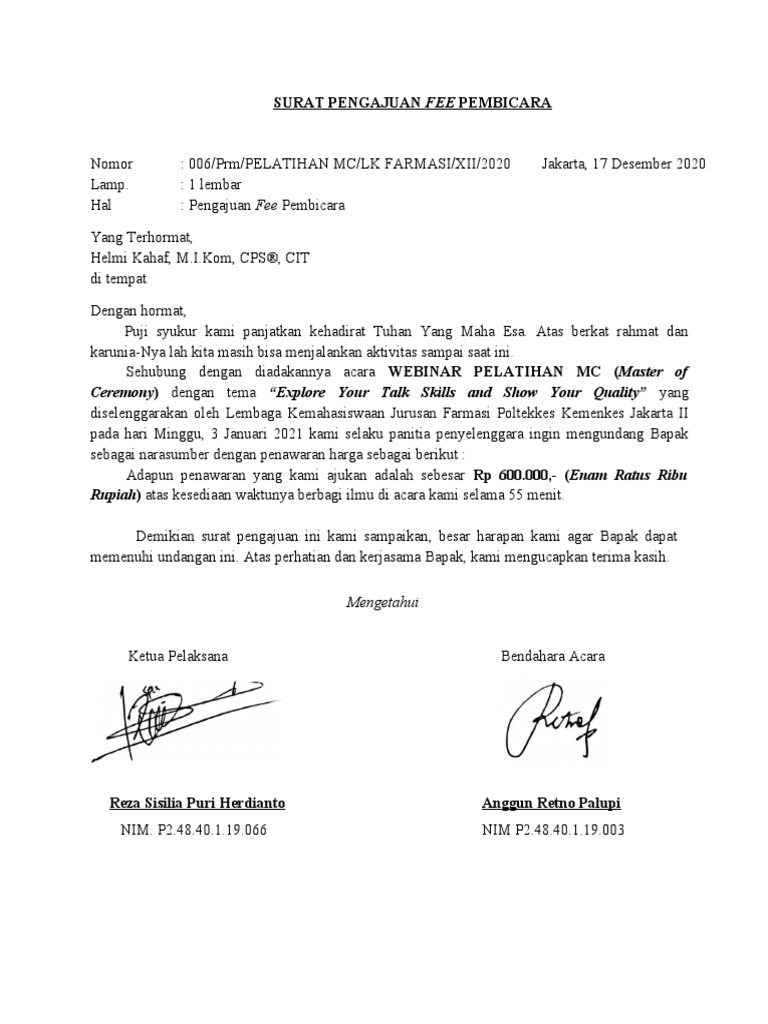 Surat Pengajuan Fee Pembicara Pdf