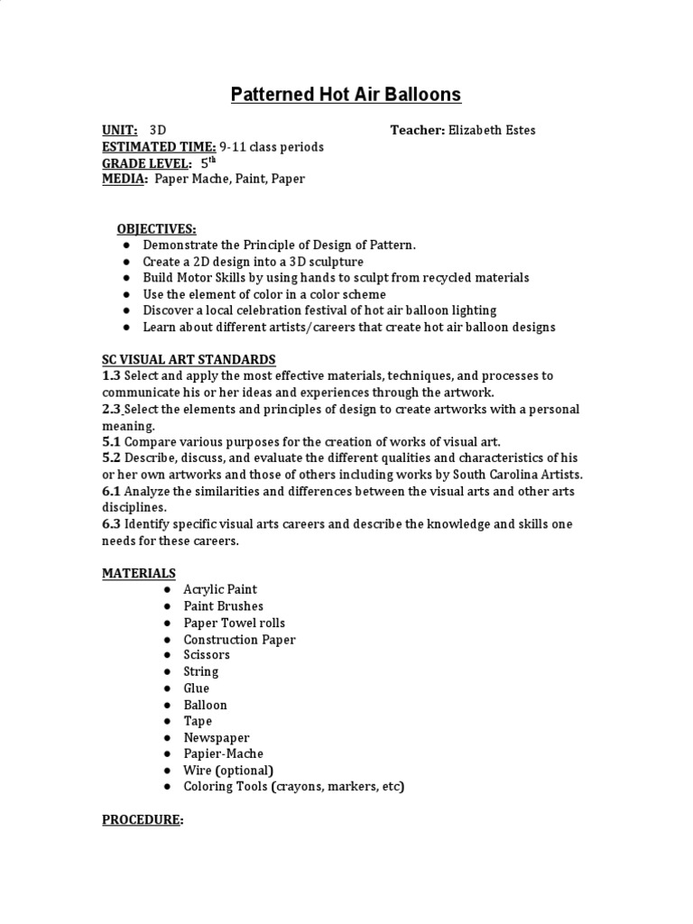 Patterned Hot Air Balloons Lesson PDF Balloon Paintings