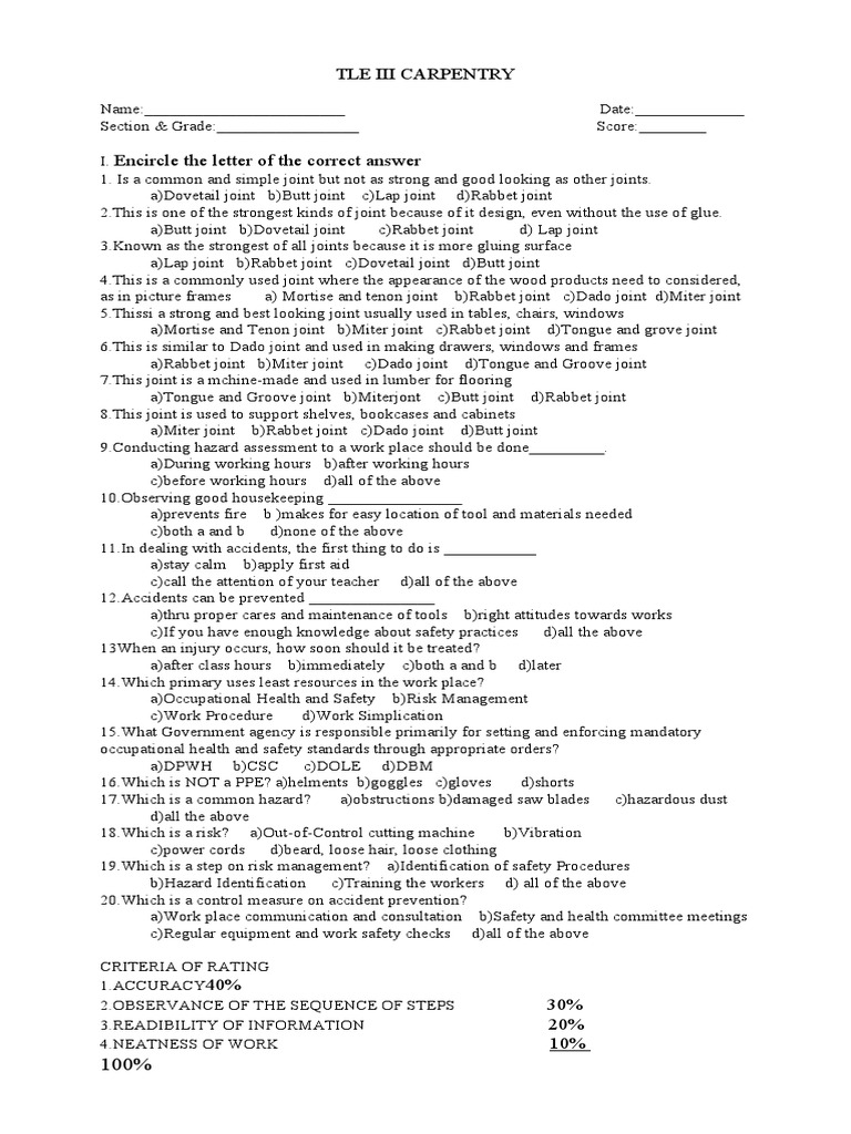 TLE Carpentry 2nd Quarter Exam | PDF | Occupational Safety And Health ...